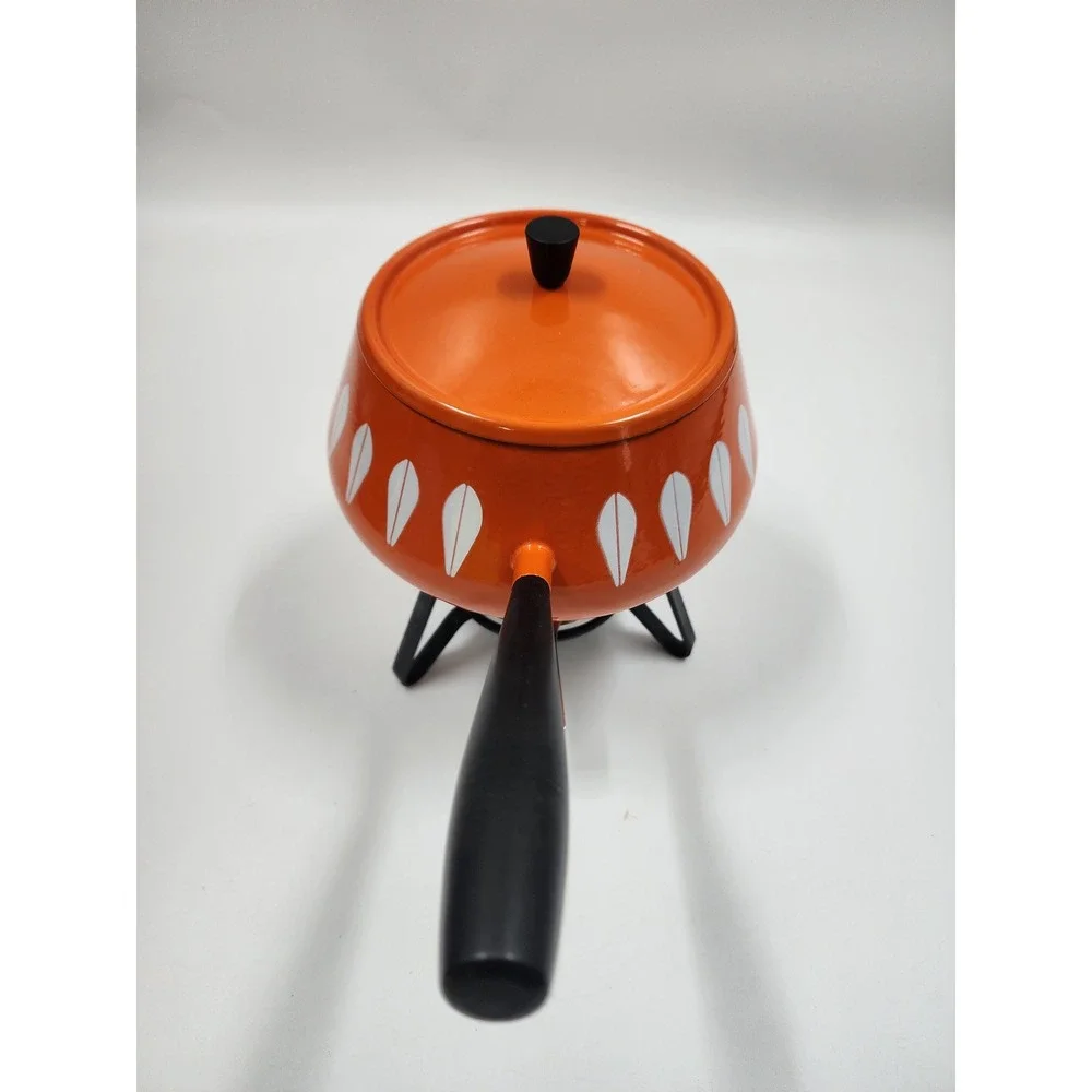 Cathrineholm Lotus Fondue Set Orange White Enamel Mid Century Modern Norway MCM